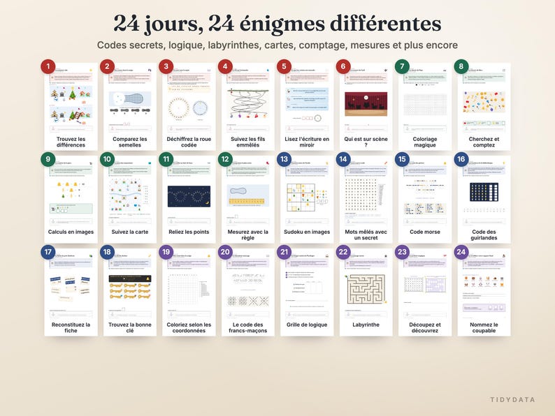 Fransk mystisk adventskalender utskrivbar · Calendrier de l'Avent Enquête · 24 detektivpussel för barn och familj PDF bild 3