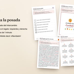 May include: A collection of four printed game sheets for holiday parties, featuring the titles Para la posada, El dado del intercambio, Prohibido decir Navidad, and Pasa el regalo izquierda y derecha, with instructions and text in Spanish.
