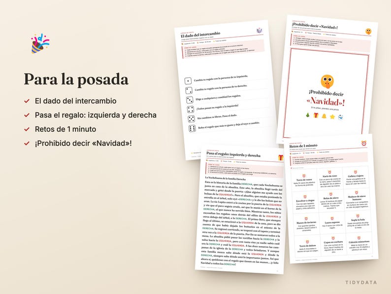 May include: A collection of four printed game sheets for holiday parties, featuring the titles Para la posada, El dado del intercambio, Prohibido decir Navidad, and Pasa el regalo izquierda y derecha, with instructions and text in Spanish.