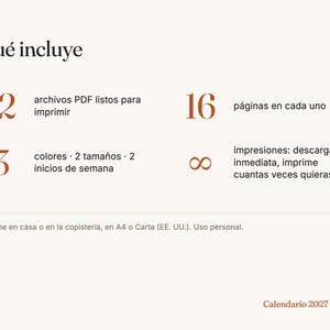 Op de afbeelding: Een informatieblad voor een kalender 2027 met de tekst Qu&eacute; incluye, 12 PDF-bestanden, 16 pagina's per stuk, 3 kleuren, 2 formaten, 2 weekstarts en een oneindigheidssymbool voor onbeperkt printen. Inclusief instructies voor A4 of Letter.