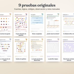 May include: A collection of ten educational activity sheets titled 9 pruebas originales, featuring logic puzzles, math problems, and word games with colorful icons, grids, and text in Spanish, organized in two rows of five on a light background.