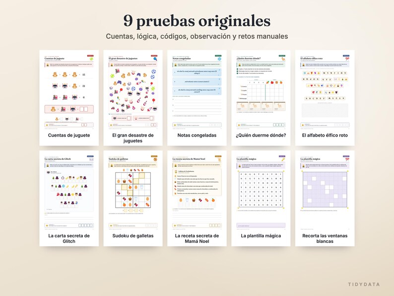 May include: A collection of ten educational activity sheets titled 9 pruebas originales, featuring logic puzzles, math problems, and word games with colorful icons, grids, and text in Spanish, organized in two rows of five on a light background.