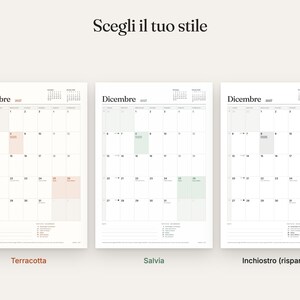 May include: Three monthly calendar pages for December 2027, each with a different colour accent: terracotta, sage green, and black ink. The text 'Scegli il tuo stile' appears at the top, with labels below each calendar: Terracotta, Salvia, and Inchiostro (risparmio).