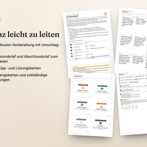 May include: A set of printed game materials including instruction sheets, tip cards, and solution pages. The text includes 'Ganz leicht zu leiten', '15 Minuten Vorbereitung', 'Missionsbrief', '27 Tipp- und L&ouml;sungskarten', and 'Zugangskarten'.