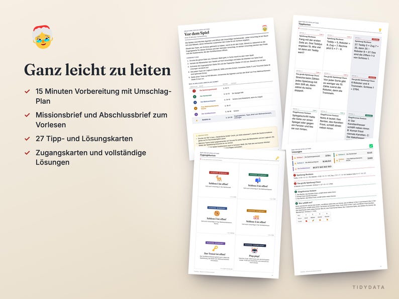 May include: A set of printed game materials including instruction sheets, tip cards, and solution pages. The text includes 'Ganz leicht zu leiten', '15 Minuten Vorbereitung', 'Missionsbrief', '27 Tipp- und L&ouml;sungskarten', and 'Zugangskarten'.