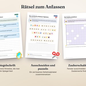 May include: Three white activity sheets titled R&auml;tsel zum Anfassen featuring German text, including Eingefrorene Notizen with mirror writing, Das zerrissene Wichtel-Alphabet with cut-out letter tiles, and Die Zauberschablone with a grid pattern.