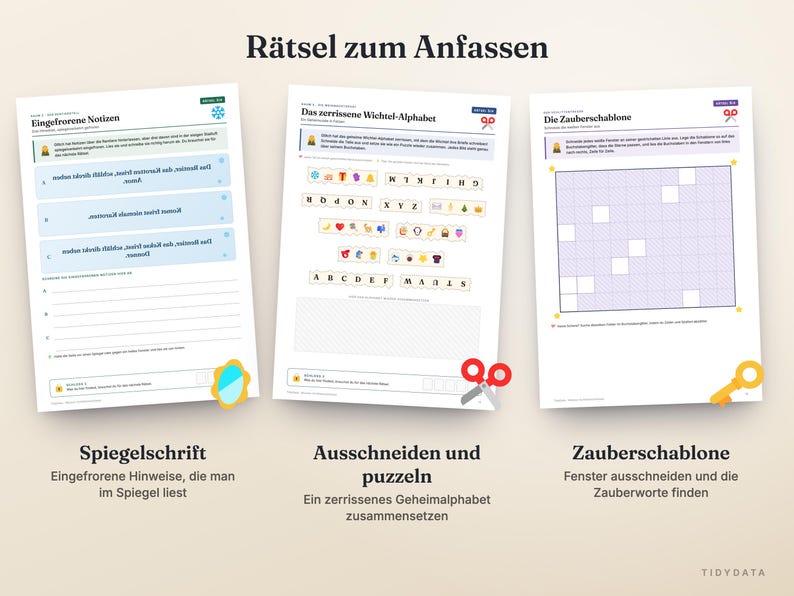 May include: Three white activity sheets titled R&auml;tsel zum Anfassen featuring German text, including Eingefrorene Notizen with mirror writing, Das zerrissene Wichtel-Alphabet with cut-out letter tiles, and Die Zauberschablone with a grid pattern.