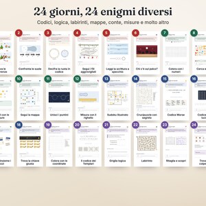 May include: A collection of 24 numbered activity cards titled 24 giorni, 24 enigmi diversi, featuring various logic puzzles, mazes, codes, and counting tasks. Each card displays a unique challenge with instructions in Italian, organized in a grid.