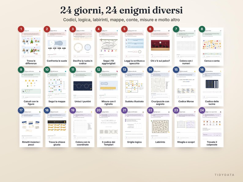 May include: A collection of 24 numbered activity cards titled 24 giorni, 24 enigmi diversi, featuring various logic puzzles, mazes, codes, and counting tasks. Each card displays a unique challenge with instructions in Italian, organized in a grid.
