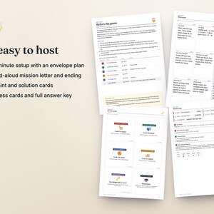 Op de afbeelding: Een printbare spelset met instructiepagina's, hintkaarten en een antwoordsleutel. De tekst bevat 'So easy to host', 'Before the game', 'Hint cards' en 'Answer key'. De documenten zijn wit met zwarte tekst en kleurrijke accenten.