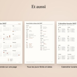 May include: Three white sheets featuring the 2027 calendar, public holidays, and lunar phases. The first sheet shows the full year, the second lists holidays and key dates, and the third displays the lunar cycle with moon icons and text.