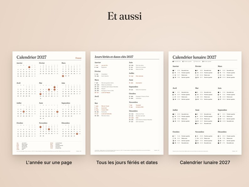 May include: Three white sheets featuring the 2027 calendar, public holidays, and lunar phases. The first sheet shows the full year, the second lists holidays and key dates, and the third displays the lunar cycle with moon icons and text.