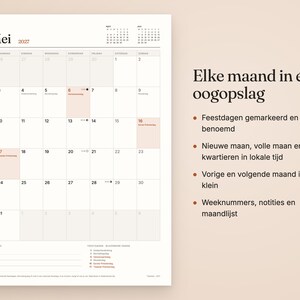 May include: A wall calendar for May 2027 with a grid layout, featuring small monthly calendars for April and June at the top. The text reads 'Mei 2027' and 'Elke maand in &eacute;&eacute;n oogopslag' with bulleted points describing features.