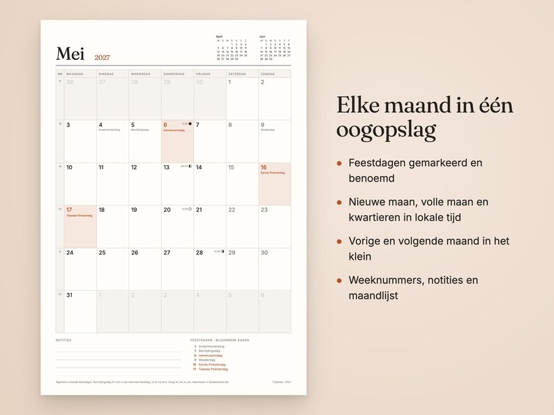 May include: A wall calendar for May 2027 with a grid layout, featuring small monthly calendars for April and June at the top. The text reads 'Mei 2027' and 'Elke maand in &eacute;&eacute;n oogopslag' with bulleted points describing features.