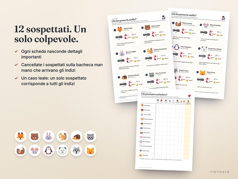 May include: A mystery game set featuring three printed sheets with character profiles, clues, and a grid for tracking suspects. The text includes '12 sospettati. Un solo colpevole.' and 'Chi ha preso la stella?'. Twelve circular animal icons are displayed below.