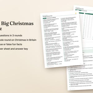 May include: A printable Christmas quiz set featuring The Big Christmas Quiz title, 60 questions across 3 rounds, a round on Christmas in Britain, 40 true or false facts, an answer sheet, and an answer key printed on white paper sheets.
