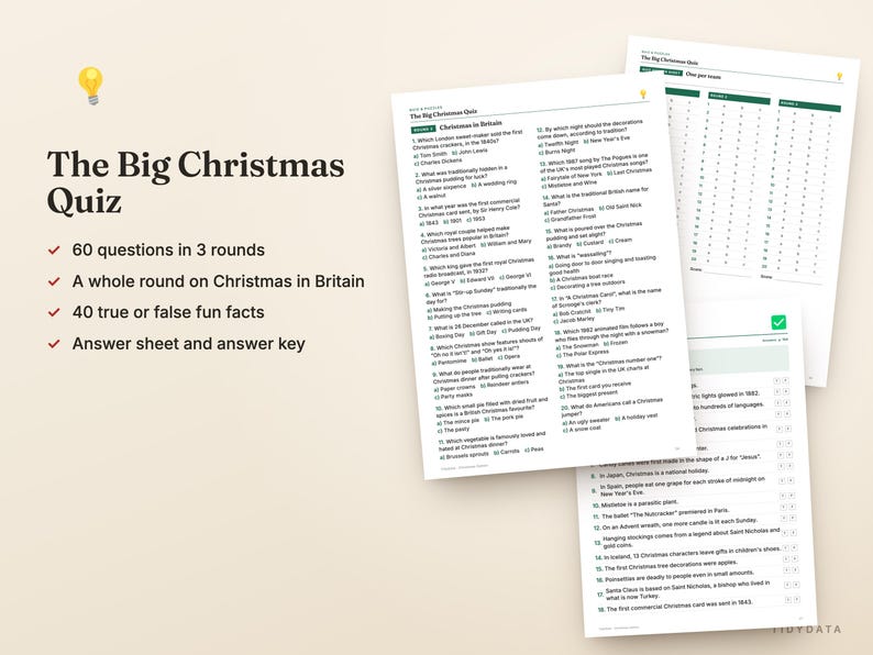 May include: A printable Christmas quiz set featuring The Big Christmas Quiz title, 60 questions across 3 rounds, a round on Christmas in Britain, 40 true or false facts, an answer sheet, and an answer key printed on white paper sheets.