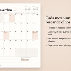 K&ouml;nnte beinhalten: Eine Kalenderseite f&uuml;r November 2027 mit einem Rasterlayout und dem Text 'Novembro 2027' oben. Das Design umfasst kleine Monatskalender f&uuml;r Oktober und Dezember, einen Notizbereich am unteren Rand und Beschreibungen in portugiesischer Sprache.