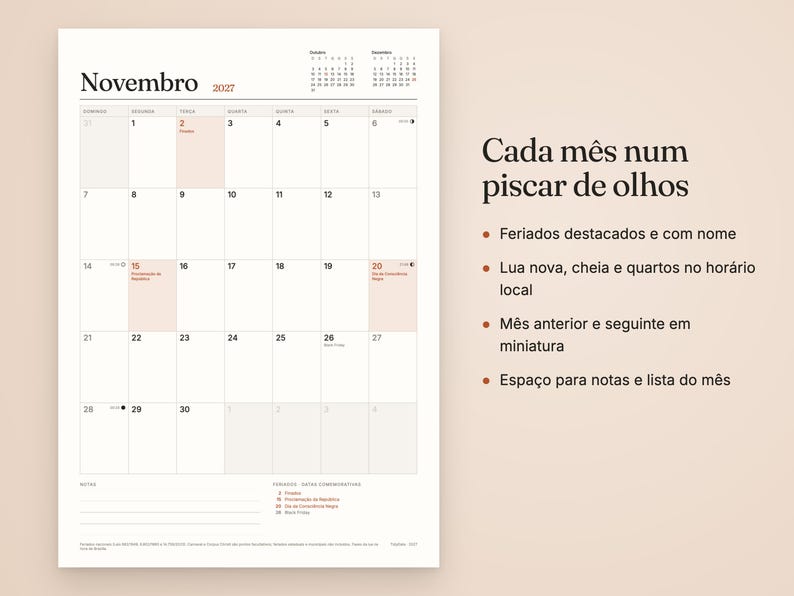 K&ouml;nnte beinhalten: Eine Kalenderseite f&uuml;r November 2027 mit einem Rasterlayout und dem Text 'Novembro 2027' oben. Das Design umfasst kleine Monatskalender f&uuml;r Oktober und Dezember, einen Notizbereich am unteren Rand und Beschreibungen in portugiesischer Sprache.