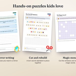 Puede incluir: Tres hojas de actividades imprimibles tituladas Hands-on puzzles kids love. Las p&aacute;ginas incluyen Frozen Notes con escritura en espejo, The Torn Elf Alphabet con piezas de letras para recortar y The Magic Stencil con una cuadr&iacute;cula para revelar palabras ocultas.