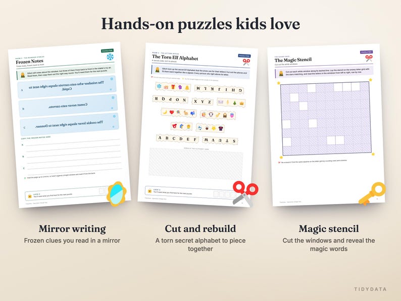 Puede incluir: Tres hojas de actividades imprimibles tituladas Hands-on puzzles kids love. Las p&aacute;ginas incluyen Frozen Notes con escritura en espejo, The Torn Elf Alphabet con piezas de letras para recortar y The Magic Stencil con una cuadr&iacute;cula para revelar palabras ocultas.