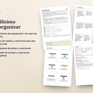 May include: A printable game kit featuring three white pages with black text and colorful icons. The pages include instructions titled 'Antes de jugar', a grid of clue cards, and a solution sheet. A small Santa emoji is visible in the top left corner.