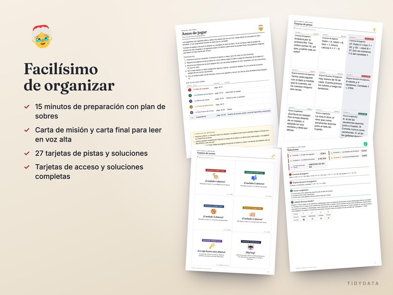 May include: A printable game kit featuring three white pages with black text and colorful icons. The pages include instructions titled 'Antes de jugar', a grid of clue cards, and a solution sheet. A small Santa emoji is visible in the top left corner.