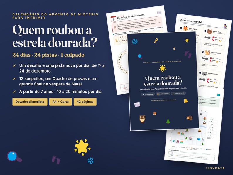 Portugiesischer Mystery-Adventskalender zum Ausdrucken · Calendário do Advento de Mistério · 24 Detektivrätsel für Kinder PDF Bild 1
