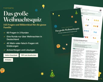 Weihnachtsquiz zum Ausdrucken · 145 Fragen und Bilderrätsel · Quizspiel für Familie, Weihnachtsfeier und Schule · PDF