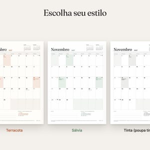 K&ouml;nnte beinhalten: Drei druckbare Kalenderseiten f&uuml;r November 2027, jeweils mit einem anderen Farbschema: Terrakotta, Salbeigr&uuml;n und Graustufen. Der Text 'Escolha seu estilo' steht oben, mit den Bezeichnungen 'Terracota', 'S&aacute;lvia' und 'Tinta (poupa tinta)' darunter.