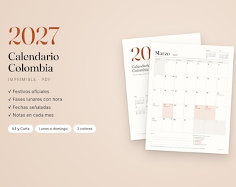 Peut inclure: Un calendrier 2027 Colombie PDF imprimable avec le texte 2027 Calendario Colombia, Imprimible, PDF, Festivos oficiales, Fases lunares con hora, Fechas señaladas, Notas en cada mes, A4 y Carta, Lunes o domingo, 3 colores, et une page de mars.