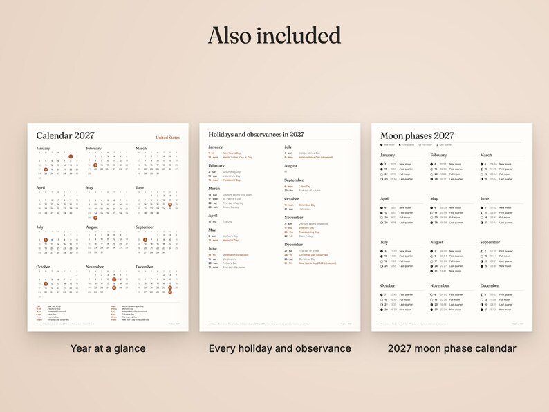 Op de afbeelding: Drie geprinte pagina's met de titel Also included, met een kalender voor 2027 met een jaaroverzicht, een lijst met feestdagen en vieringen in 2027, en een kalender met maanfasen voor 2027, uitgevoerd in zwarte tekst op een lichte achtergrond.