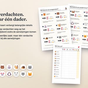 May include: A mystery game set featuring three printed sheets with character profiles, clues, and a grid for tracking suspects. Twelve circular animal icons are displayed below the sheets. The text includes 12 verdachten. Maar &eacute;&eacute;n dader.