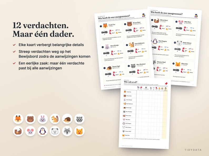 May include: A mystery game set featuring three printed sheets with character profiles, clues, and a grid for tracking suspects. Twelve circular animal icons are displayed below the sheets. The text includes 12 verdachten. Maar &eacute;&eacute;n dader.