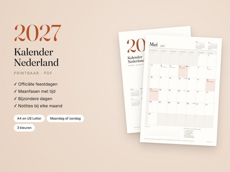 May include: A 2027 printable PDF calendar for the Netherlands, featuring the text '2027 Kalender Nederland', 'Printbaar', 'PDF', and lists of features including official holidays, moon phases, and notes, displayed on two white sheets.