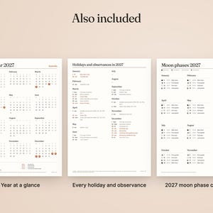 May include: Three white pages featuring a 2027 calendar, a list of holidays and observances, and a moon phase calendar. The text includes 'Calendar 2027', 'Holidays and observances in 2027', and 'Moon phases 2027' with monthly grids and data.