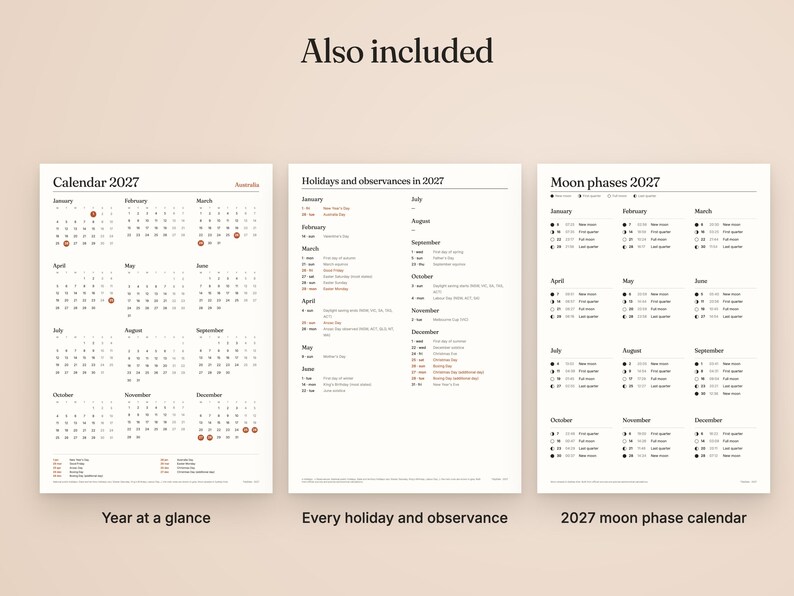May include: Three white pages featuring a 2027 calendar, a list of holidays and observances, and a moon phase calendar. The text includes 'Calendar 2027', 'Holidays and observances in 2027', and 'Moon phases 2027' with monthly grids and data.