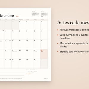 May include: A wall calendar page for December 2027 with a grid layout, including small reference calendars for November and January. The text includes 'Diciembre 2027' and 'As&iacute; es cada mes' with bulleted features listed in Spanish.