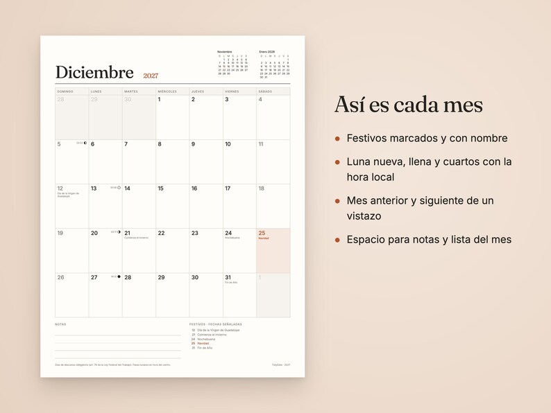 May include: A wall calendar page for December 2027 with a grid layout, including small reference calendars for November and January. The text includes 'Diciembre 2027' and 'As&iacute; es cada mes' with bulleted features listed in Spanish.