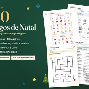 May include: A digital collection of 40 printable Christmas games in Portuguese, featuring bingo cards with holiday icons, mazes, and trivia quizzes. The document set includes 108 pages in A4 and Letter sizes, with answer keys provided for all activities.