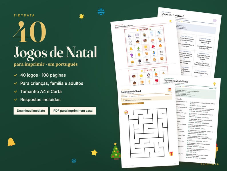 May include: A digital collection of 40 printable Christmas games in Portuguese, featuring bingo cards with holiday icons, mazes, and trivia quizzes. The document set includes 108 pages in A4 and Letter sizes, with answer keys provided for all activities.