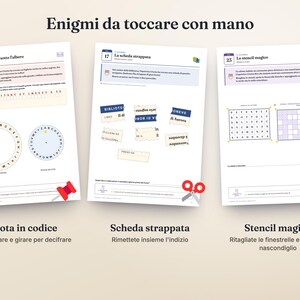 May include: Three activity sheets titled Enigmi da toccare con mano featuring puzzles. The first shows a code wheel, the second displays torn paper scraps with text, and the third presents a grid-based stencil puzzle with scissors icons.