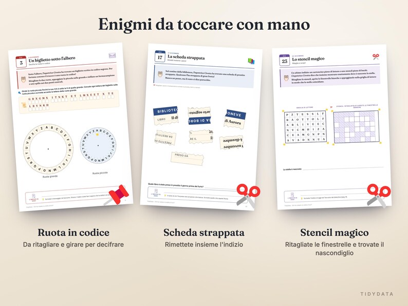 May include: Three activity sheets titled Enigmi da toccare con mano featuring puzzles. The first shows a code wheel, the second displays torn paper scraps with text, and the third presents a grid-based stencil puzzle with scissors icons.