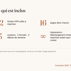 May include: A digital 2027 calendar information sheet with the text Ce qui est inclus. It lists 12 printable PDF files, 16 pages each, 3 colors, 2 formats, 2 week start options, and unlimited printing. Includes A4 or US Letter size.