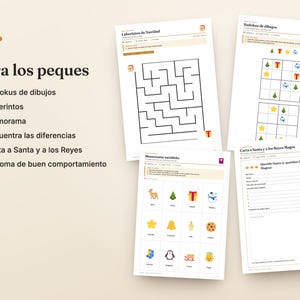 May include: A collection of printable activity sheets for children featuring Christmas-themed puzzles, including a maze, picture sudokus, a memory game with icons, and a letter template for Santa and the Three Wise Men, all with Spanish text.