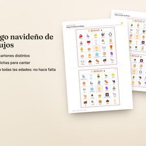 May include: A printable Christmas picture bingo game set featuring multiple game cards with colorful holiday-themed icons, including stars, gifts, and snowflakes. The text reads Bingo navide&ntilde;o de dibujos, 30 cartones distintos, 40 fichas para cantar, and Para todas las edades: no hace falta leer.