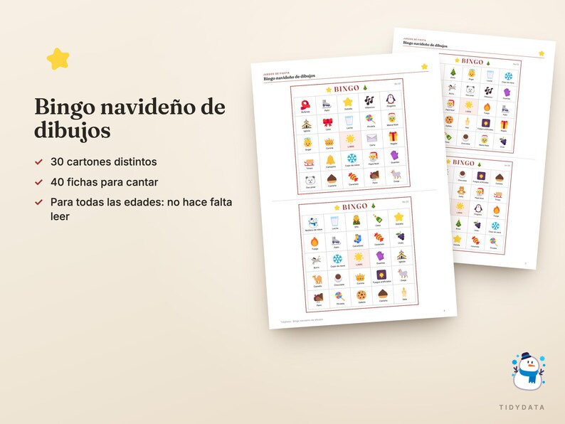 May include: A printable Christmas picture bingo game set featuring multiple game cards with colorful holiday-themed icons, including stars, gifts, and snowflakes. The text reads Bingo navide&ntilde;o de dibujos, 30 cartones distintos, 40 fichas para cantar, and Para todas las edades: no hace falta leer.