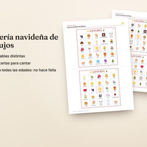 Puede incluir: Un juego de loter&iacute;a navide&ntilde;a con hojas impresas que muestran cuadr&iacute;culas de iconos festivos coloridos. El texto en las hojas incluye la palabra LOTER&Iacute;A y varias etiquetas en espa&ntilde;ol. El conjunto incluye 30 tablas distintas y 40 cartas.