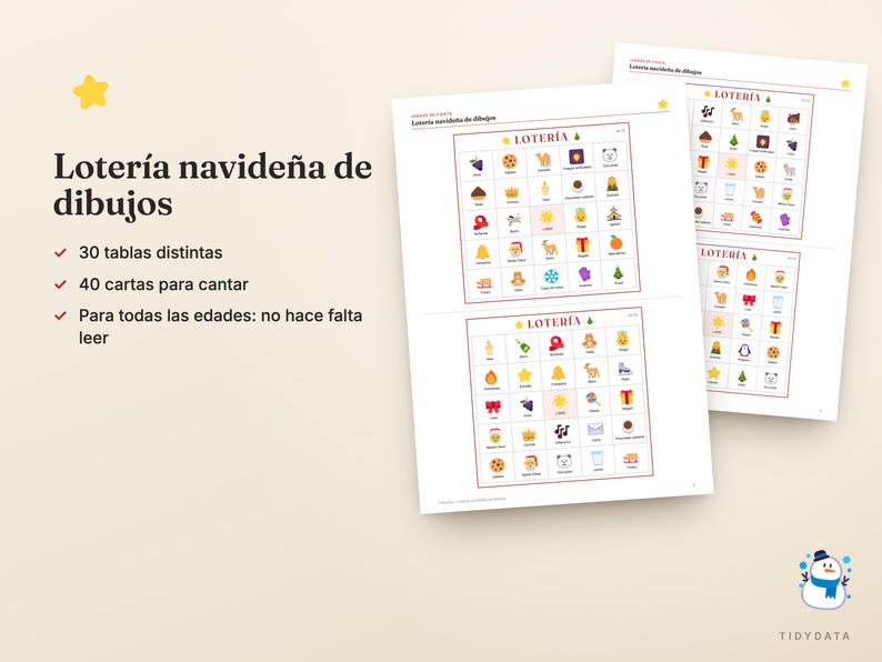 Puede incluir: Un juego de loter&iacute;a navide&ntilde;a con hojas impresas que muestran cuadr&iacute;culas de iconos festivos coloridos. El texto en las hojas incluye la palabra LOTER&Iacute;A y varias etiquetas en espa&ntilde;ol. El conjunto incluye 30 tablas distintas y 40 cartas.