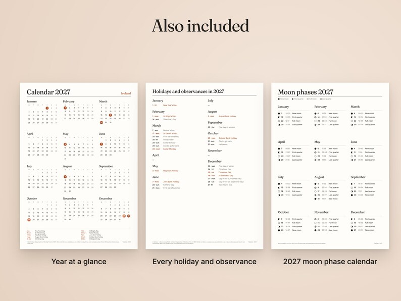 2027 Utskrivbar kalender Irland med helgdagar och månfaser · PDF A4 + US Letter · Måndag eller söndagsstart · Månadsvis, Årsvis bild 4